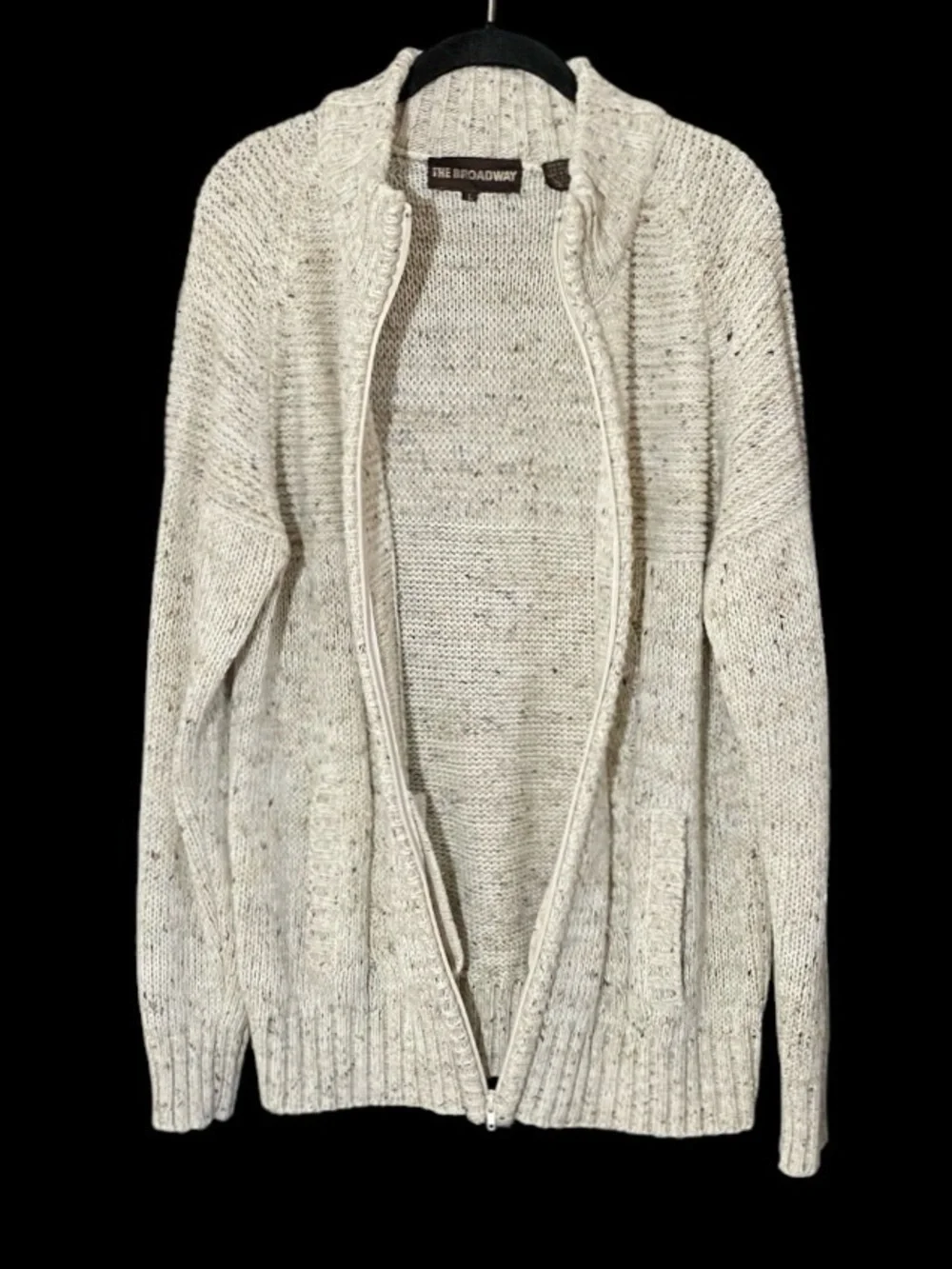 Vintage The Broadway Fisherman Sweater L Full Zip Cable Knit Oatmeal Coastal